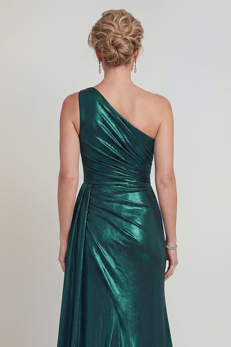 Laden Sie das Bild in den Galerie-Viewer, Metallisches Einschulter Dunkelgrünes Meerjungfrauen Langes Mutter der Braut Kleid mit Schlitz