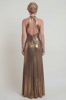 Laden Sie das Bild in den Galerie-Viewer, Halter Metallic Golden Scheide Offenen Rücken Mutter der Braut Kleid mit Schlitz