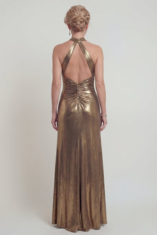 Halter Metallic Golden Scheide Offenen Rücken Mutter der Braut Kleid mit Schlitz
