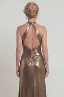Laden Sie das Bild in den Galerie-Viewer, Halter Metallic Golden Scheide Offenen Rücken Mutter der Braut Kleid mit Schlitz