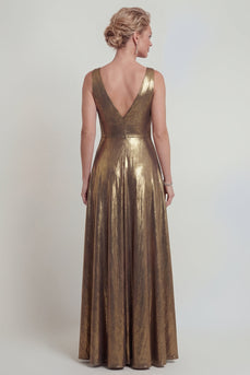Goldenes A-Linie Metallic V-Ausschnitt Langes Mutter der Braut Kleid
