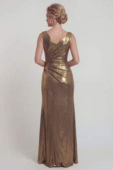 Goldenes Scheide Gerafftes Metallisches Satin Mutter der Braut Kleid mit Schlitz