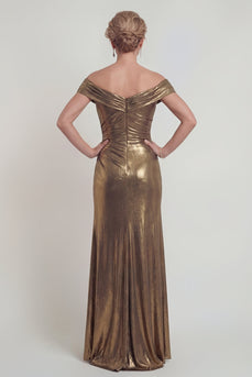 Schulterfreies Metallisches Goldenes Satin Scheide Mutter der Braut Kleid mit Schlitz