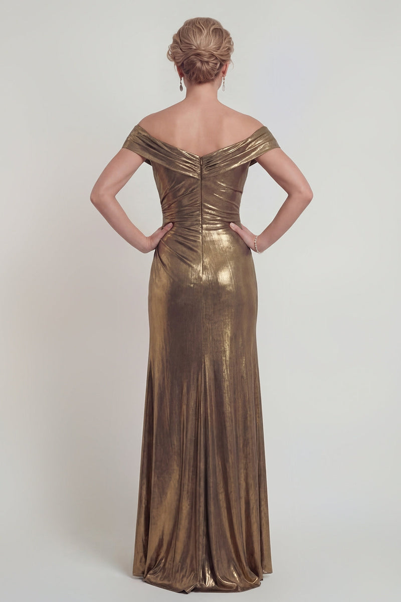 Laden Sie das Bild in den Galerie-Viewer, Schulterfreies Metallisches Goldenes Satin Scheide Mutter der Braut Kleid mit Schlitz