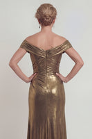 Laden Sie das Bild in den Galerie-Viewer, Schulterfreies Metallisches Goldenes Satin Scheide Mutter der Braut Kleid mit Schlitz