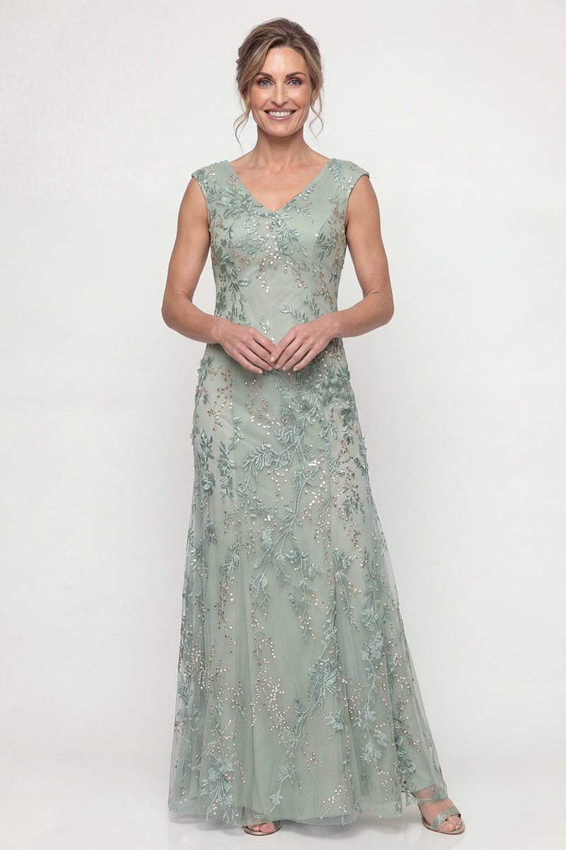 Laden Sie das Bild in den Galerie-Viewer, Grünes Bestickt A-Linie Langes V-Ausschnitt Mutter der Braut Kleid mit Pailletten