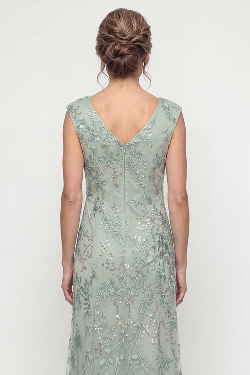 Laden Sie das Bild in den Galerie-Viewer, Grünes Bestickt A-Linie Langes V-Ausschnitt Mutter der Braut Kleid mit Pailletten