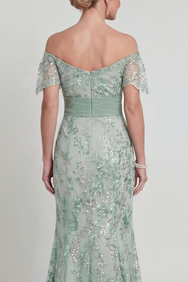 Laden Sie das Bild in den Galerie-Viewer, Schulterloses Grünes Meerjungfrauen Pailletten Mutter der Braut Kleid mit Stickerei