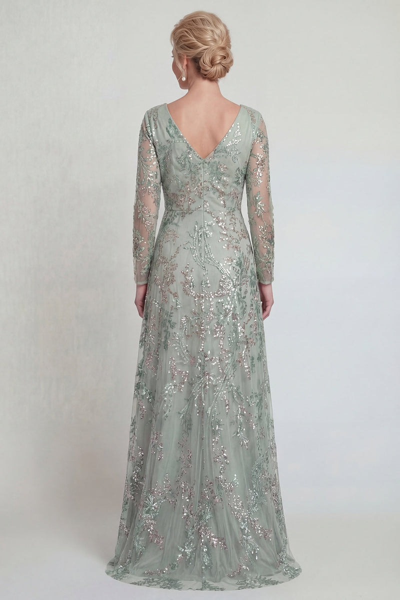 Laden Sie das Bild in den Galerie-Viewer, Grünes A-Linie Langärmeliges Pailletten Mutter der Braut Kleid mit Schlitz