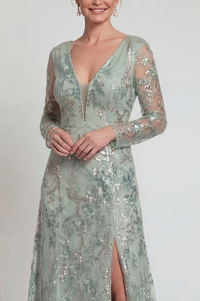 Laden Sie das Bild in den Galerie-Viewer, Grünes A-Linie Langärmeliges Pailletten Mutter der Braut Kleid mit Schlitz