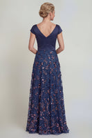 Laden Sie das Bild in den Galerie-Viewer, Marineblaues Pailletten A-Linie V-Ausschnitt Langes Mutter der Braut Kleid mit Mützenärmeln
