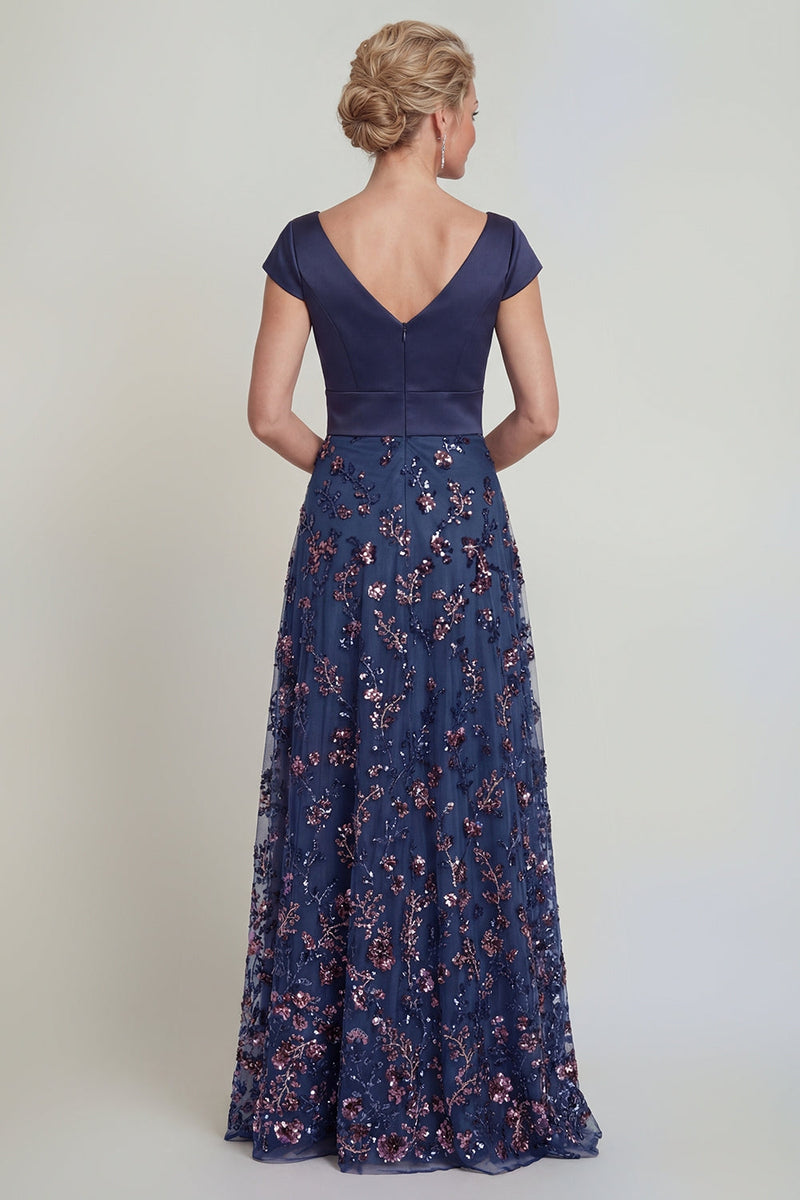 Laden Sie das Bild in den Galerie-Viewer, Marineblaues Pailletten A-Linie V-Ausschnitt Langes Mutter der Braut Kleid mit Mützenärmeln