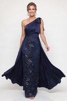 Laden Sie das Bild in den Galerie-Viewer, Einschulter Blaues Pailletten Mutter der Braut Kleid mit Umhang