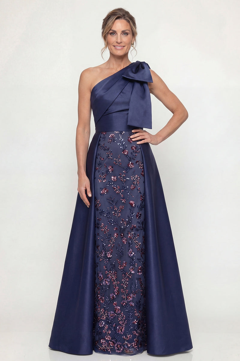 Laden Sie das Bild in den Galerie-Viewer, Einschulter Blaues Pailletten Mutter der Braut Kleid mit Umhang