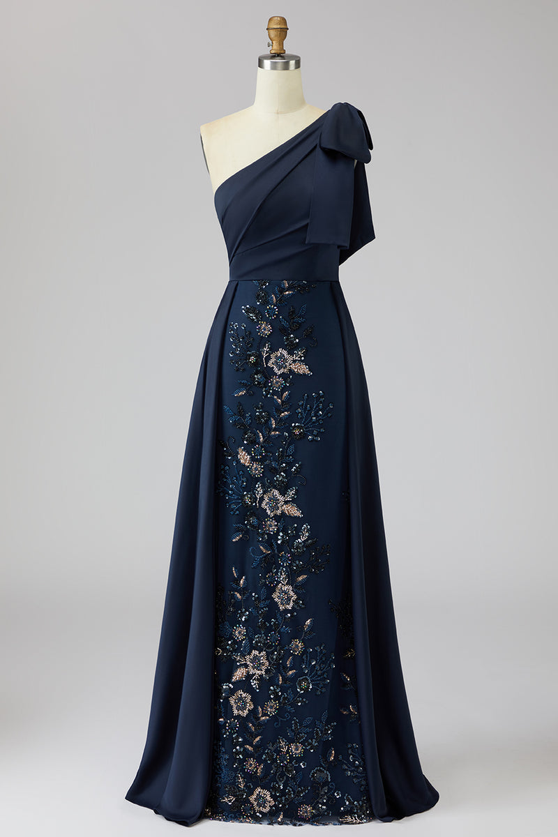 Laden Sie das Bild in den Galerie-Viewer, Einschulter Blaues Pailletten Mutter der Braut Kleid mit Umhang