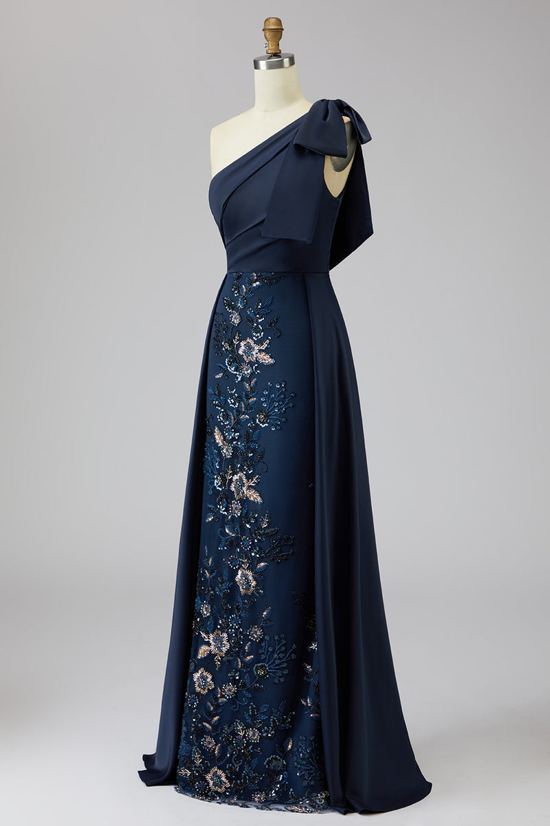 Laden Sie das Bild in den Galerie-Viewer, Einschulter Blaues Pailletten Mutter der Braut Kleid mit Umhang