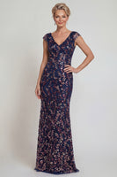 Laden Sie das Bild in den Galerie-Viewer, Glitzerndes Marineblaues Scheide Langes Mutter der Braut Kleid mit Pailletten