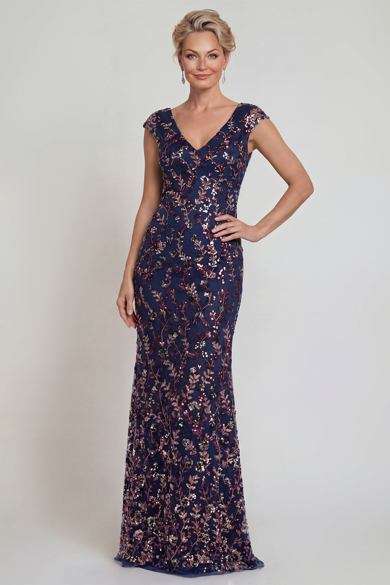 Laden Sie das Bild in den Galerie-Viewer, Glitzerndes Marineblaues Scheide Langes Mutter der Braut Kleid mit Pailletten