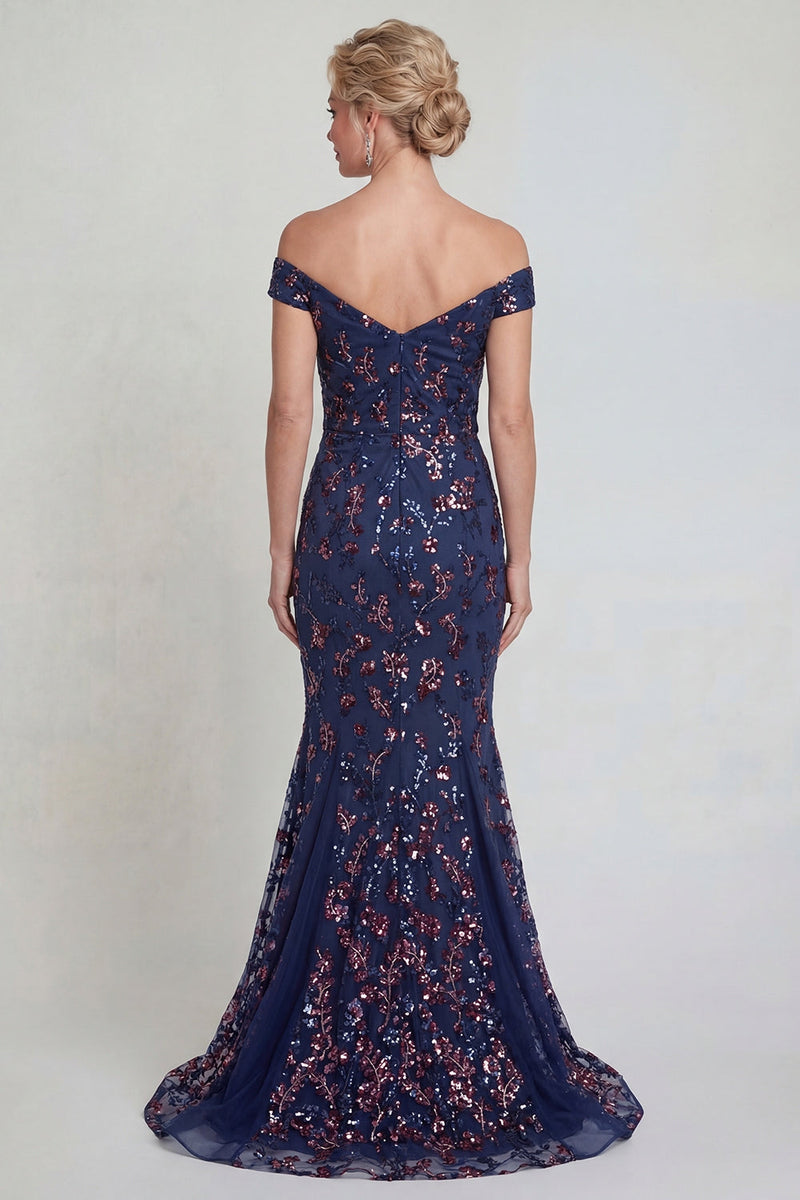 Laden Sie das Bild in den Galerie-Viewer, Marineblaues Meerjungfrau Schulterfreies Langes Mutter der Braut Kleid mit Pailletten
