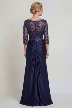 Marineblaues Meerjungfrauen V-Hals Pailletten Mutter der Braut Kleid mit 3/4-Ärmeln