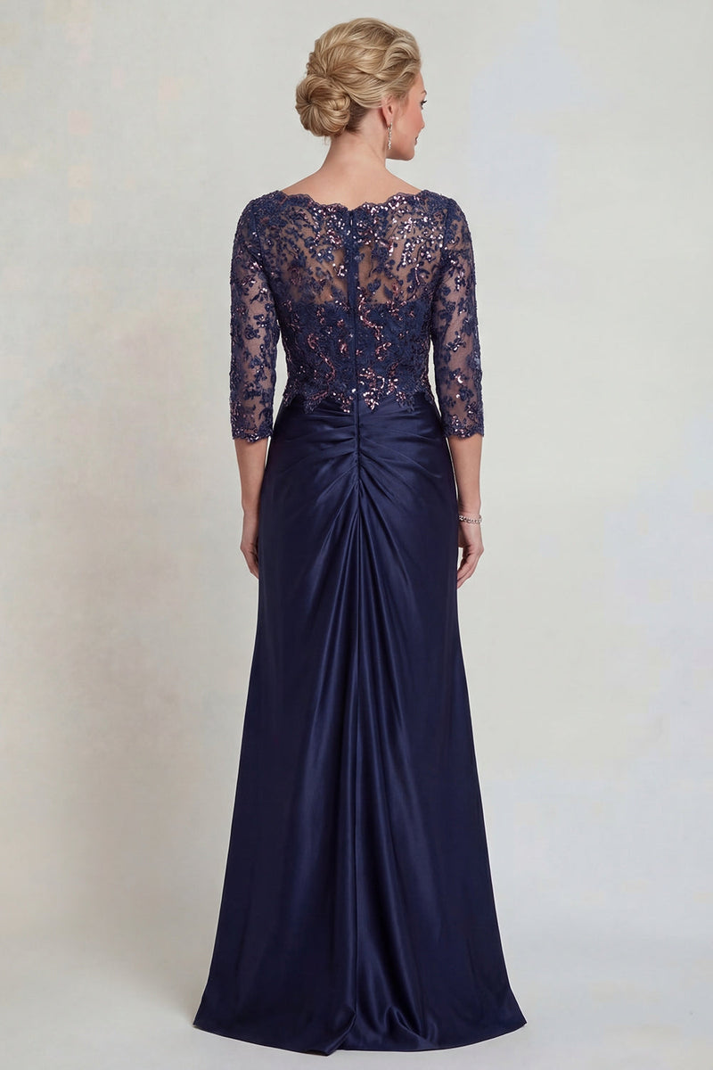 Laden Sie das Bild in den Galerie-Viewer, Marineblaues Meerjungfrauen V-Hals Pailletten Mutter der Braut Kleid mit 3/4-Ärmeln