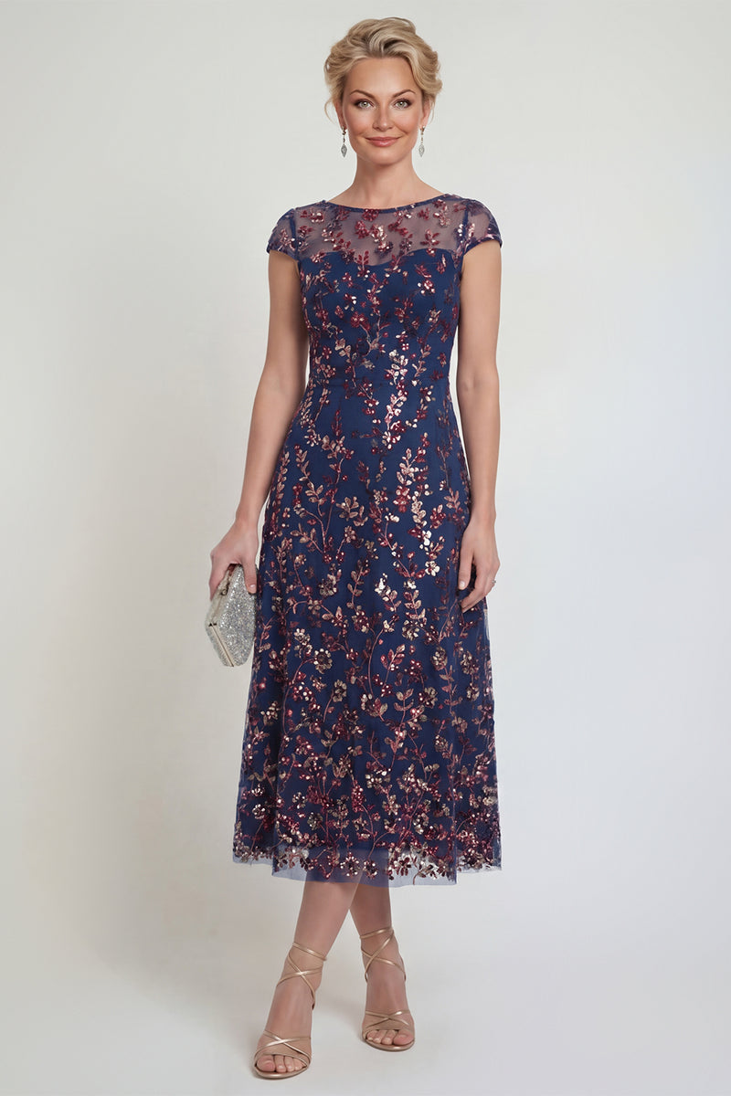 Laden Sie das Bild in den Galerie-Viewer, Glitzerndes Marineblaues Pailletten Bootsausschnitt Midi Mutter der Braut Kleid