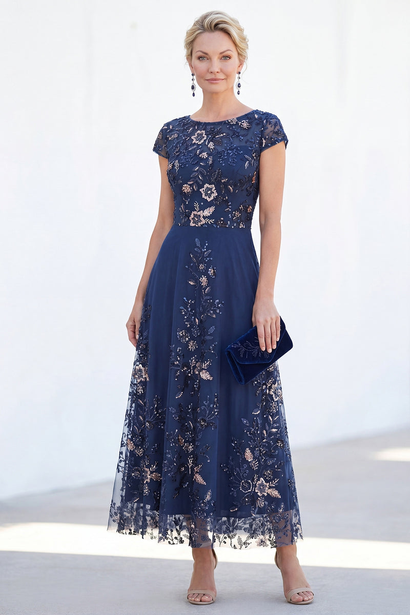 Laden Sie das Bild in den Galerie-Viewer, Glitzerndes Marineblaues Pailletten Bootsausschnitt Midi Mutter der Braut Kleid