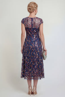 Glitzerndes Marineblaues Pailletten Bootsausschnitt Midi Mutter der Braut Kleid