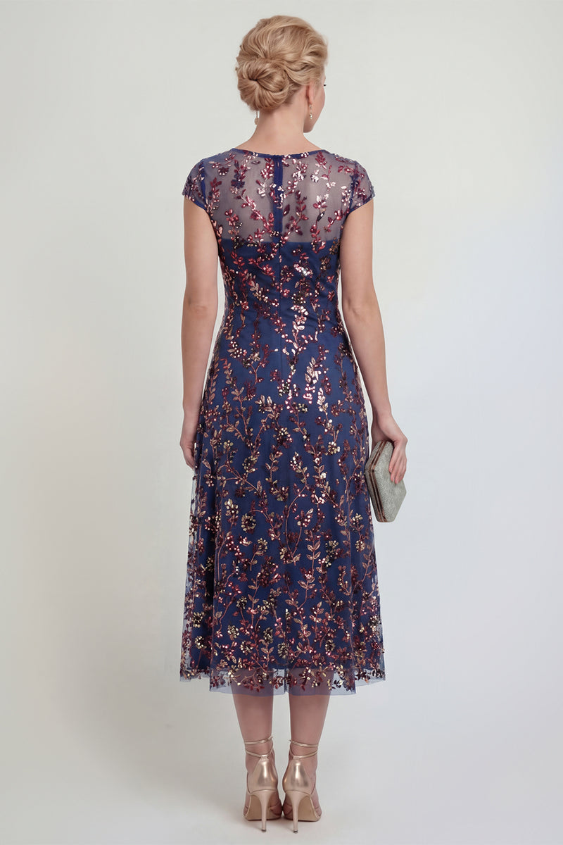 Laden Sie das Bild in den Galerie-Viewer, Glitzerndes Marineblaues Pailletten Bootsausschnitt Midi Mutter der Braut Kleid