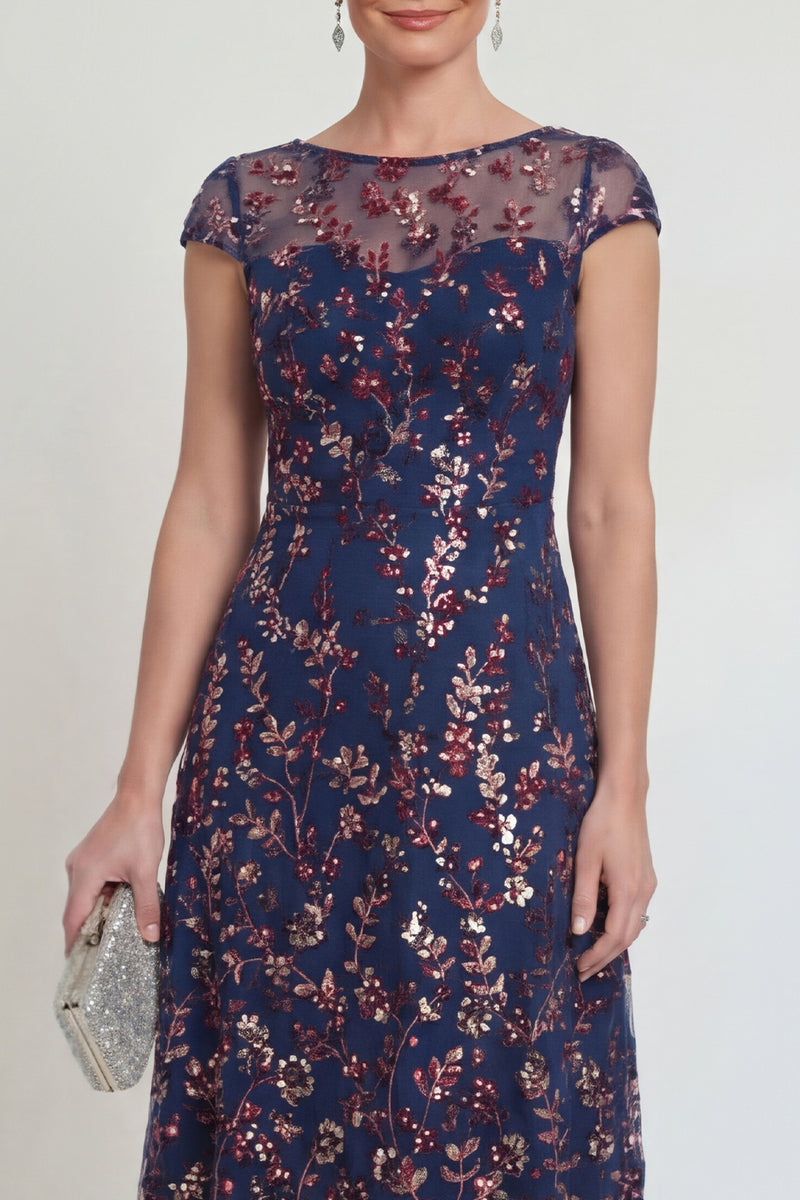 Laden Sie das Bild in den Galerie-Viewer, Glitzerndes Marineblaues Pailletten Bootsausschnitt Midi Mutter der Braut Kleid