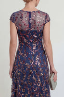Laden Sie das Bild in den Galerie-Viewer, Glitzerndes Marineblaues Pailletten Bootsausschnitt Midi Mutter der Braut Kleid