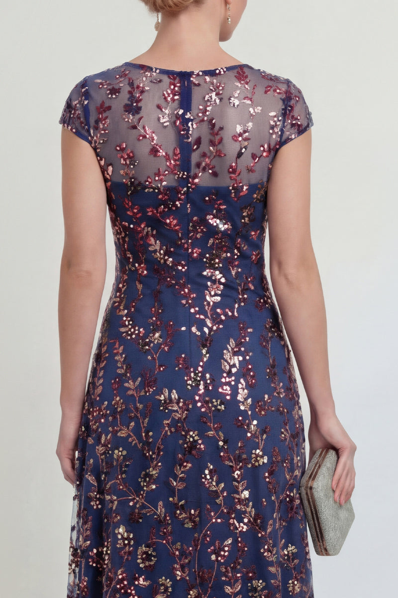 Laden Sie das Bild in den Galerie-Viewer, Glitzerndes Marineblaues Pailletten Bootsausschnitt Midi Mutter der Braut Kleid