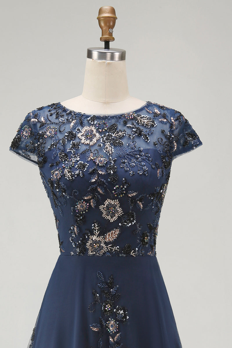 Laden Sie das Bild in den Galerie-Viewer, Glitzerndes Marineblaues Pailletten Bootsausschnitt Midi Mutter der Braut Kleid