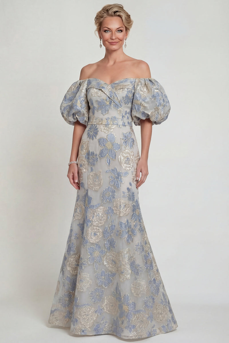 Laden Sie das Bild in den Galerie-Viewer, Blumen Staubblaues Meerjungfrau Schulterfreies Mutter der Braut Kleid