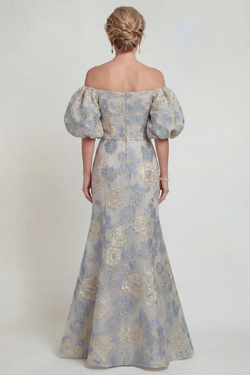 Laden Sie das Bild in den Galerie-Viewer, Blumen Staubblaues Meerjungfrau Schulterfreies Mutter der Braut Kleid