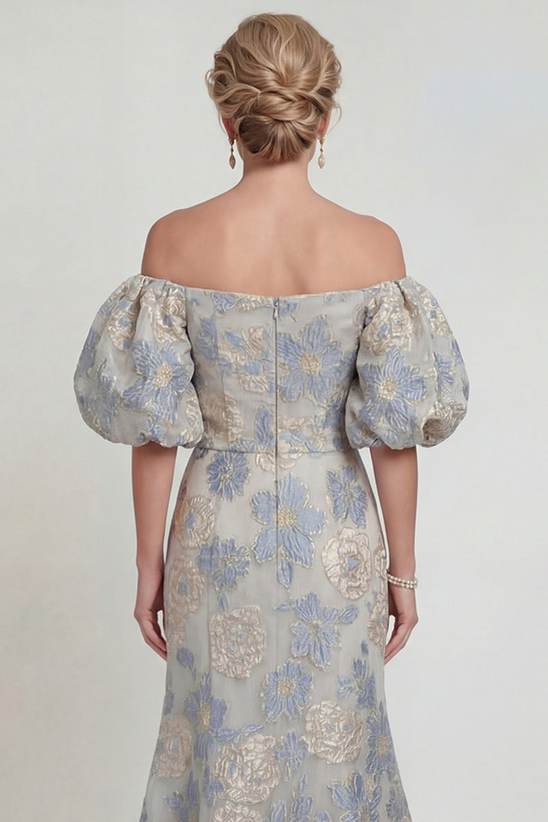 Laden Sie das Bild in den Galerie-Viewer, Blumen Staubblaues Meerjungfrau Schulterfreies Mutter der Braut Kleid