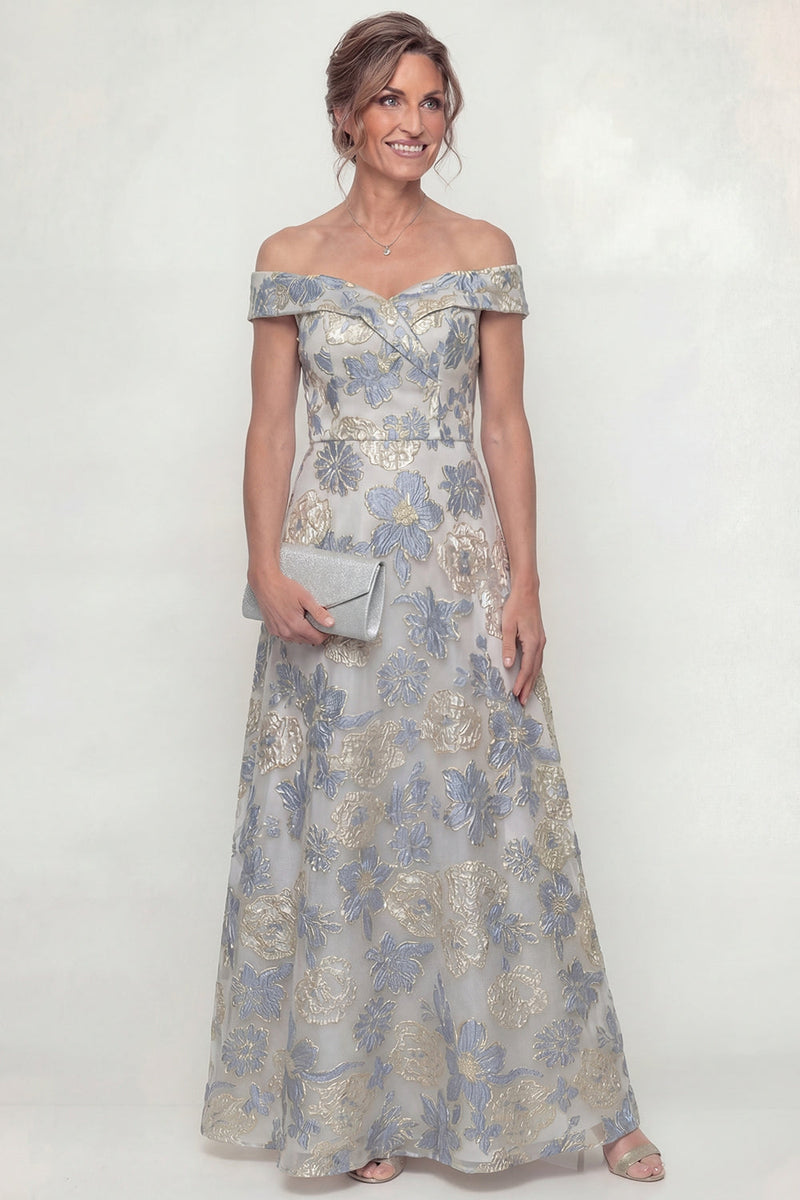 Laden Sie das Bild in den Galerie-Viewer, Staubiges Blau A-Linie Blüten Schulterfreies Mutter der Braut Kleid