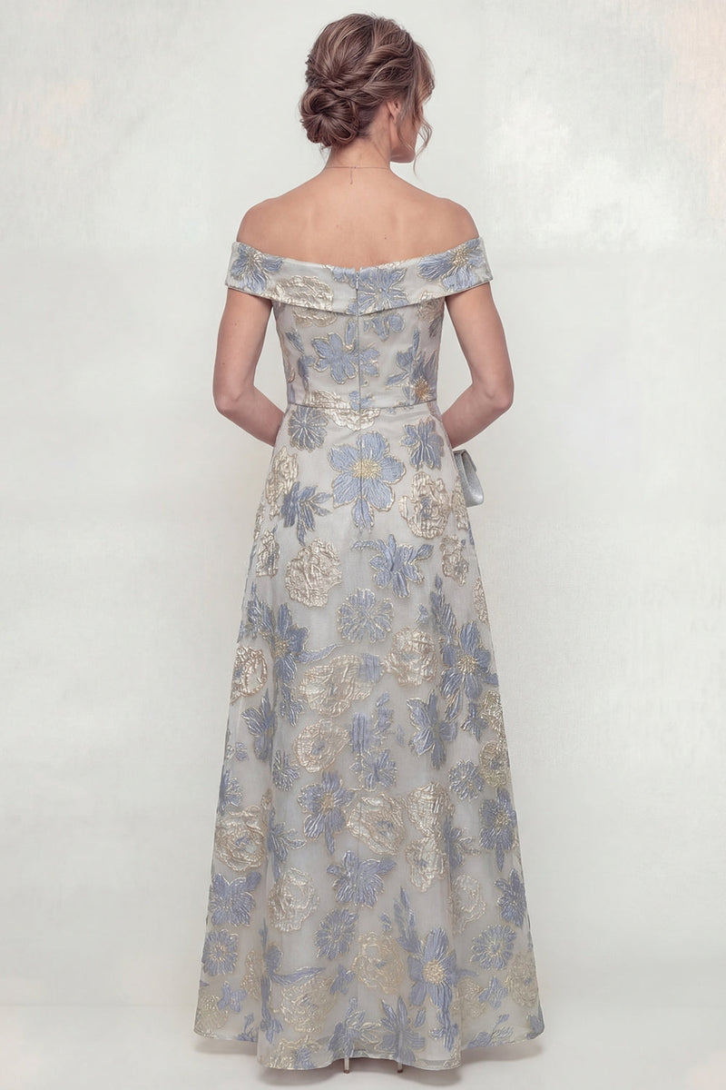 Laden Sie das Bild in den Galerie-Viewer, Staubiges Blau A-Linie Blüten Schulterfreies Mutter der Braut Kleid