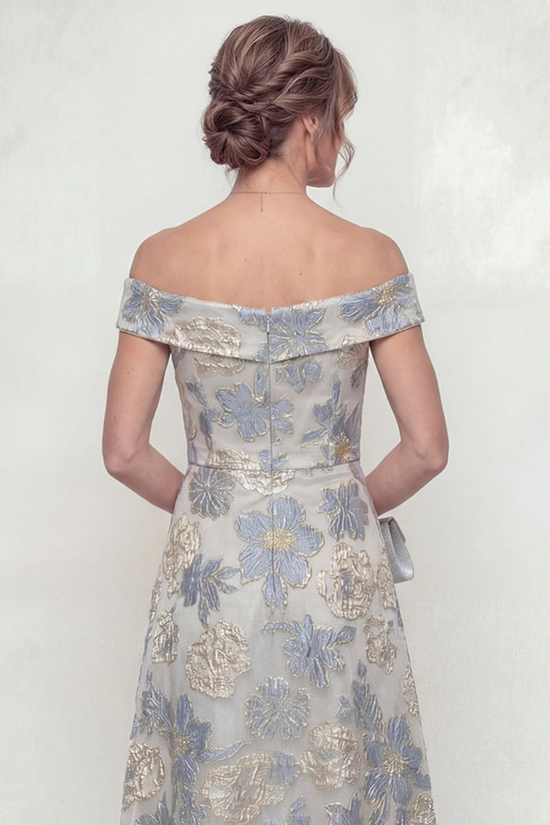 Laden Sie das Bild in den Galerie-Viewer, Staubiges Blau A-Linie Blüten Schulterfreies Mutter der Braut Kleid
