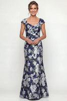 Laden Sie das Bild in den Galerie-Viewer, Marineblaues Meerjungfrauen Muster Mutter der Braut Kleid mit Mützenärmeln