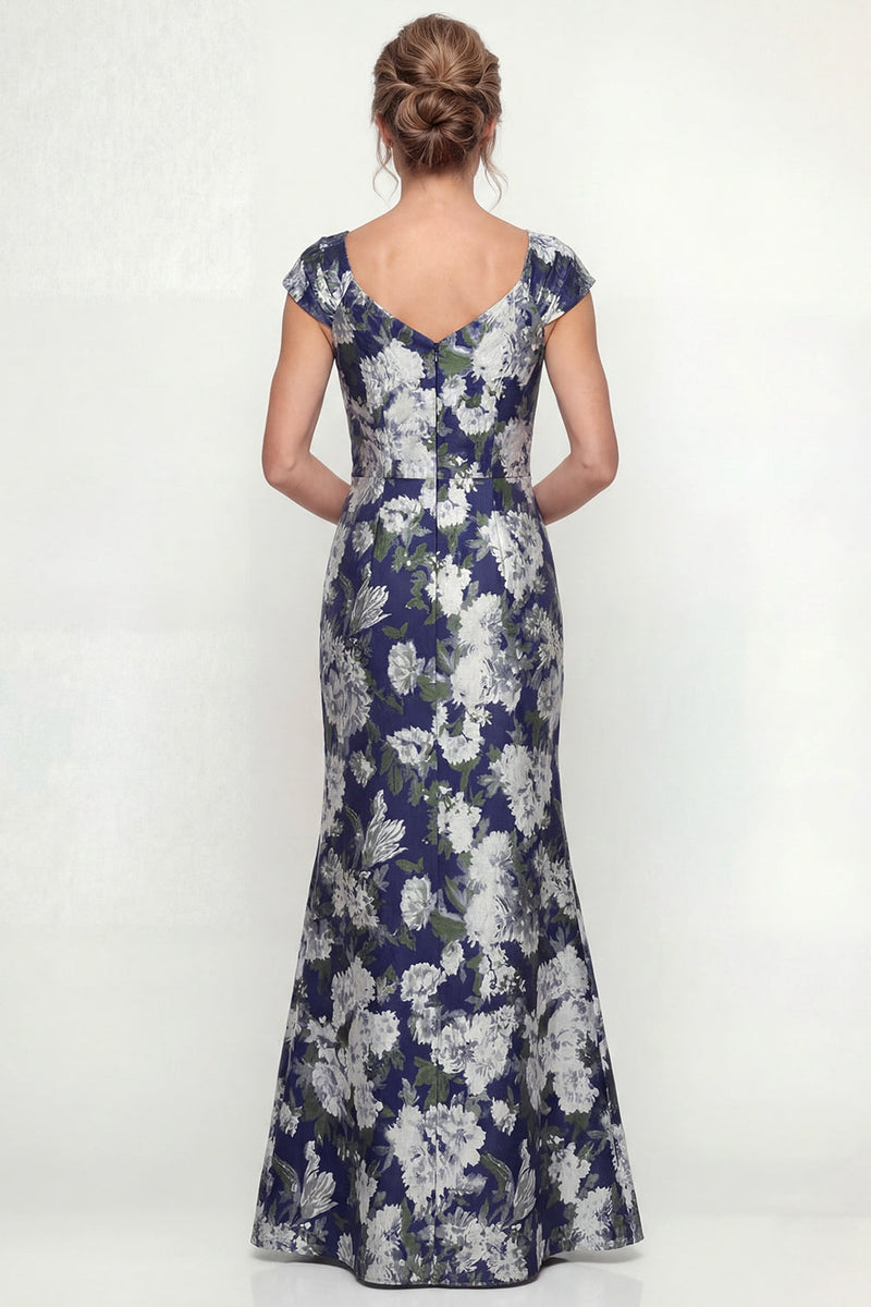 Laden Sie das Bild in den Galerie-Viewer, Marineblaues Meerjungfrauen Muster Mutter der Braut Kleid mit Mützenärmeln