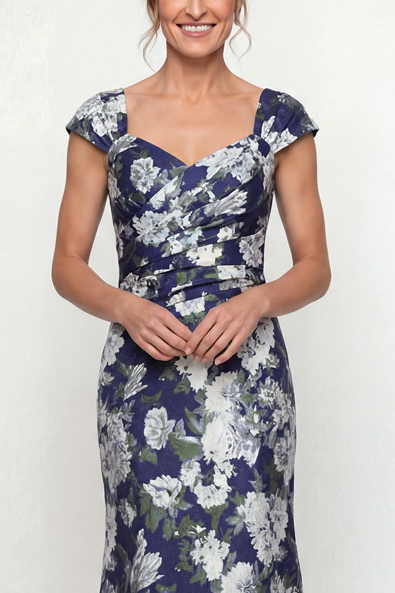 Laden Sie das Bild in den Galerie-Viewer, Marineblaues Meerjungfrauen Muster Mutter der Braut Kleid mit Mützenärmeln