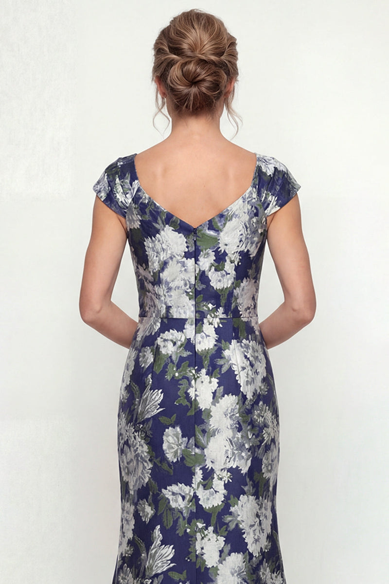 Laden Sie das Bild in den Galerie-Viewer, Marineblaues Meerjungfrauen Muster Mutter der Braut Kleid mit Mützenärmeln