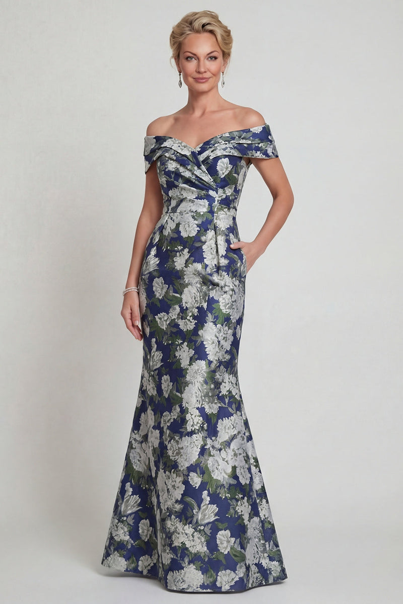 Laden Sie das Bild in den Galerie-Viewer, Marineblaues, schulterfreies Meerjungfrauen-Muster Mutter-der-Braut-Kleid mit Taschen