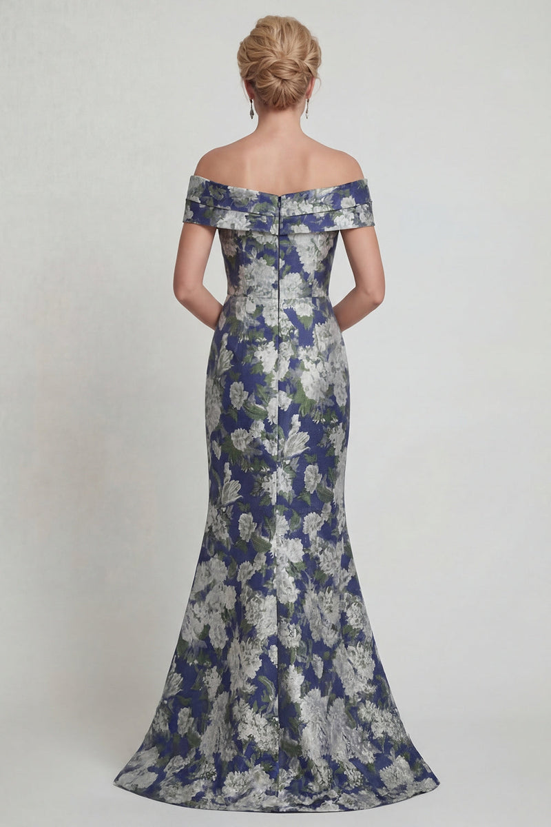 Laden Sie das Bild in den Galerie-Viewer, Marineblaues, schulterfreies Meerjungfrauen-Muster Mutter-der-Braut-Kleid mit Taschen