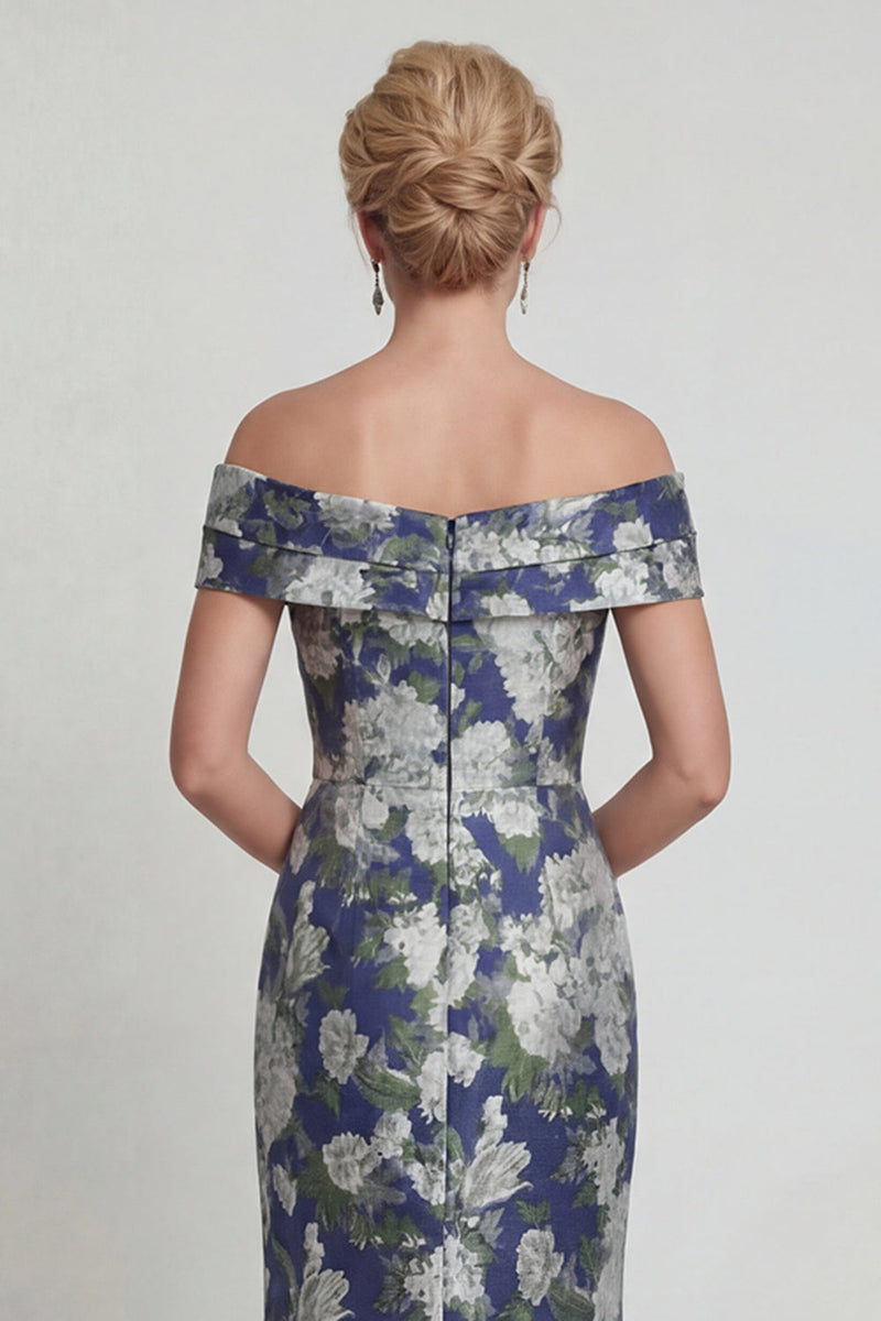 Laden Sie das Bild in den Galerie-Viewer, Marineblaues, schulterfreies Meerjungfrauen-Muster Mutter-der-Braut-Kleid mit Taschen