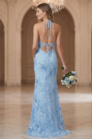 Laden Sie das Bild in den Galerie-Viewer, Hellblaues Halter-Neckholderkleid mit offenem Rücken und Brautjungfernkleid mit Stickerei