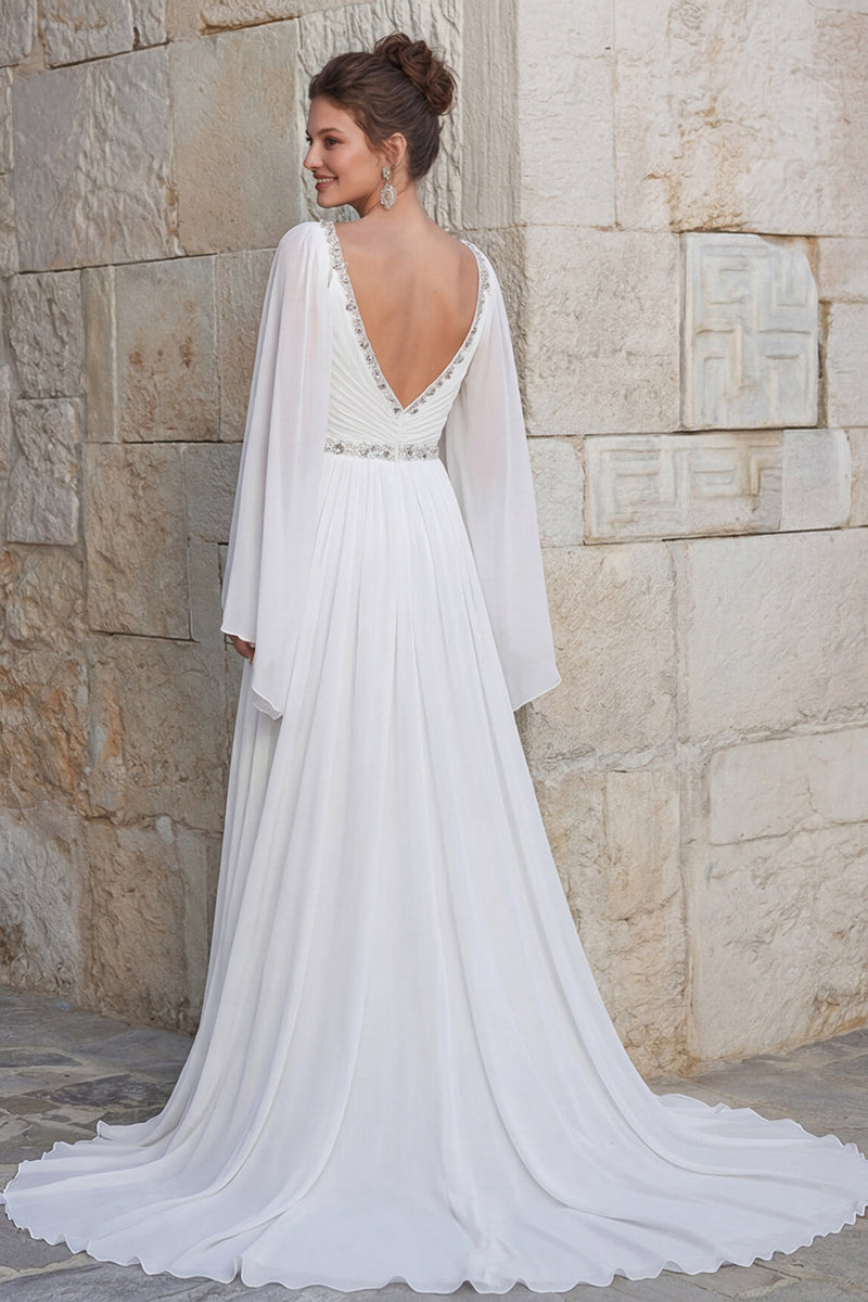 Laden Sie das Bild in den Galerie-Viewer, Glitzerndes Elfenbein Chiffon A Linie V-Ausschnitt Langes Hochzeitskleid mit Schlitz