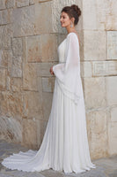 Laden Sie das Bild in den Galerie-Viewer, Glitzerndes Elfenbein Chiffon A Linie V-Ausschnitt Langes Hochzeitskleid mit Schlitz