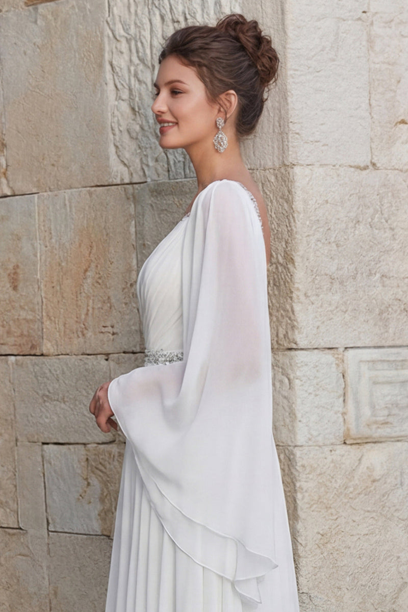 Laden Sie das Bild in den Galerie-Viewer, Glitzerndes Elfenbein Chiffon A Linie V-Ausschnitt Langes Hochzeitskleid mit Schlitz